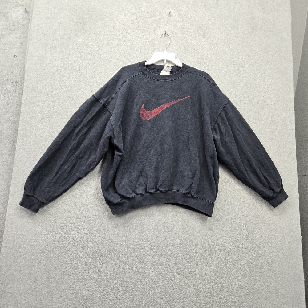 VINTAGE Nike Men Sweatshirt L Black Big Center Swoosh Logo Graphic Print Fleece